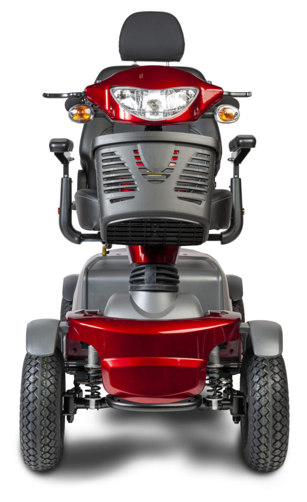 A full front view of a red Trailmaster Bigfoot S846 mobility scooter. 