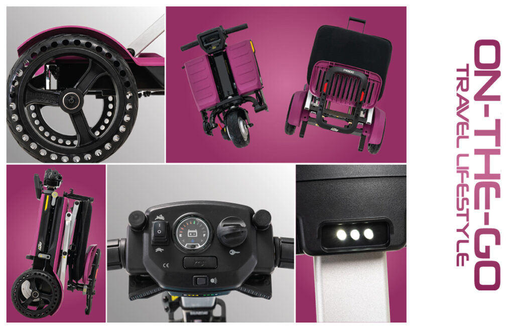 A collage of images showing the different parts of a pink i-Go Folding Scooter.