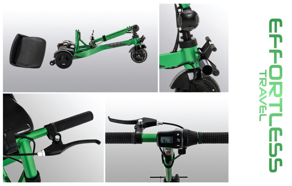 A collage of images showing the different parts of a green Go-Go iCRUISE mobility scooter. 