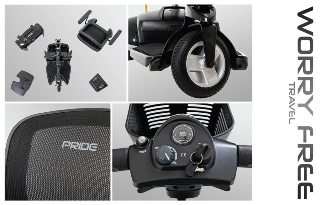 A collage of different parts of a Go-Go Ultra X mobility scooter. 