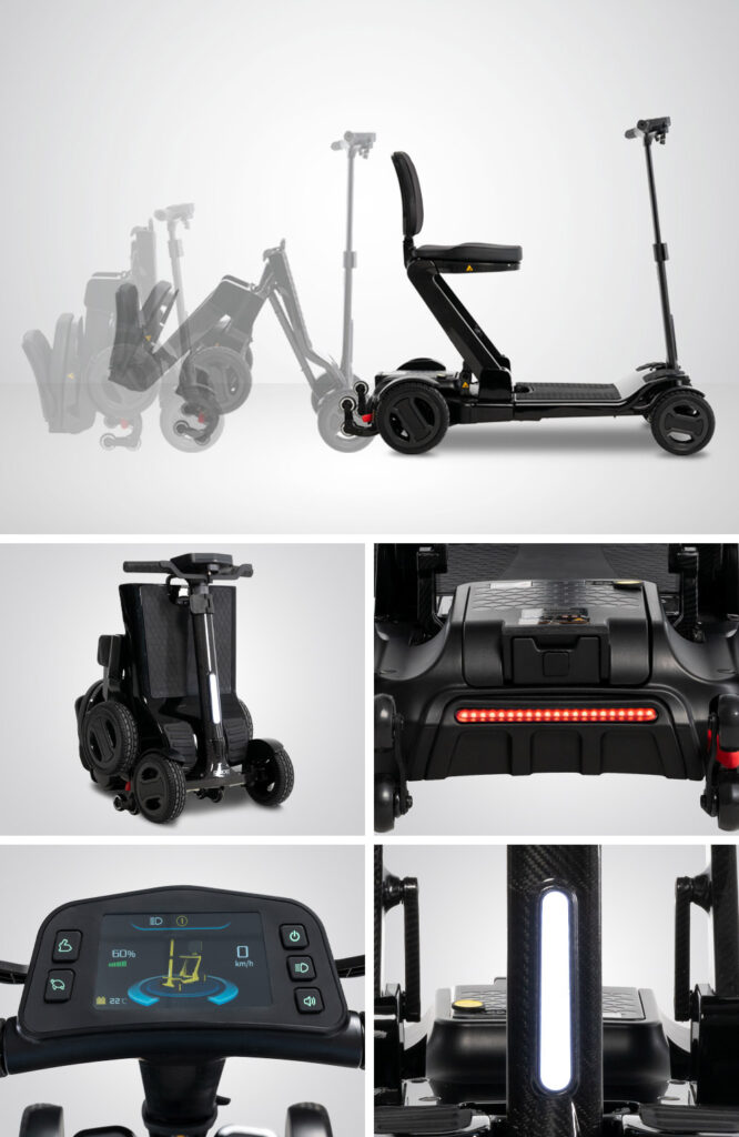 A collage of different parts of a black Go-Go Carbon mobility scooter.