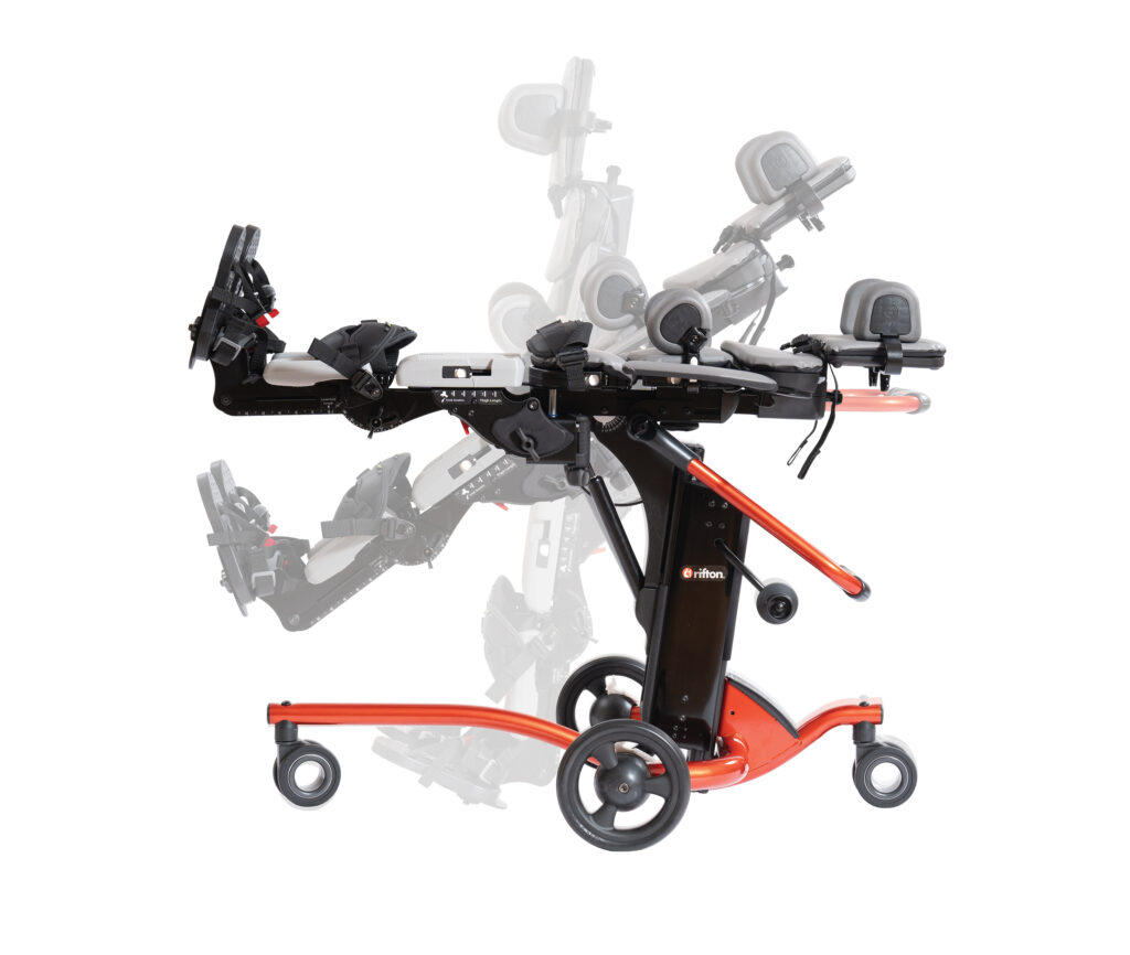 The padded body support can tilt 90° from horizontal to vertical.