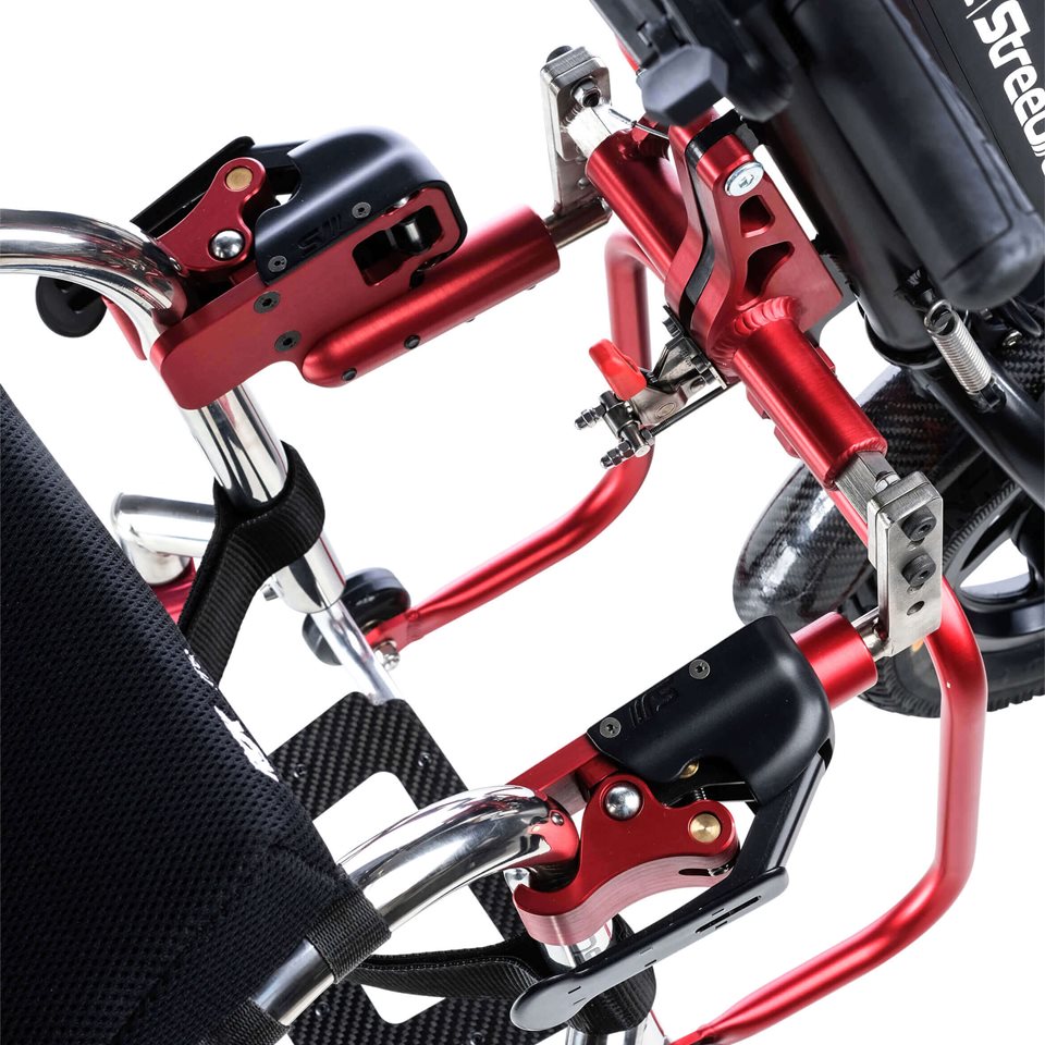A close up of the clamping feature on a red StreetJet Power Assist.