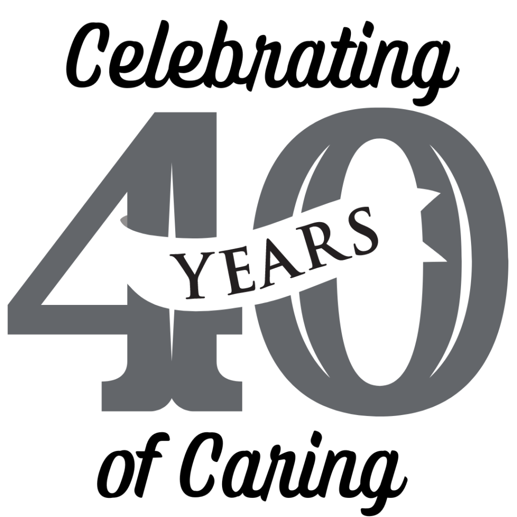 Graphic with the number 40 at centre with text Celebrating 40 Years of Caring.