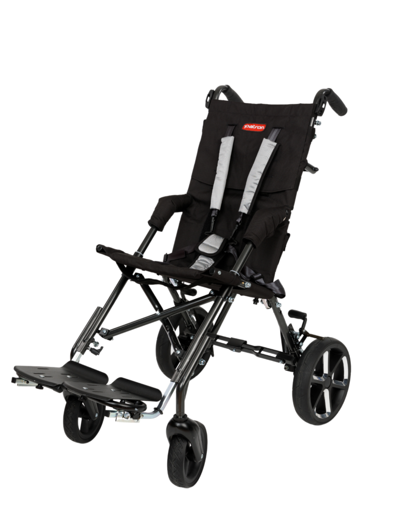 A full image of a black Corzo XCountry Stroller without the cover open.