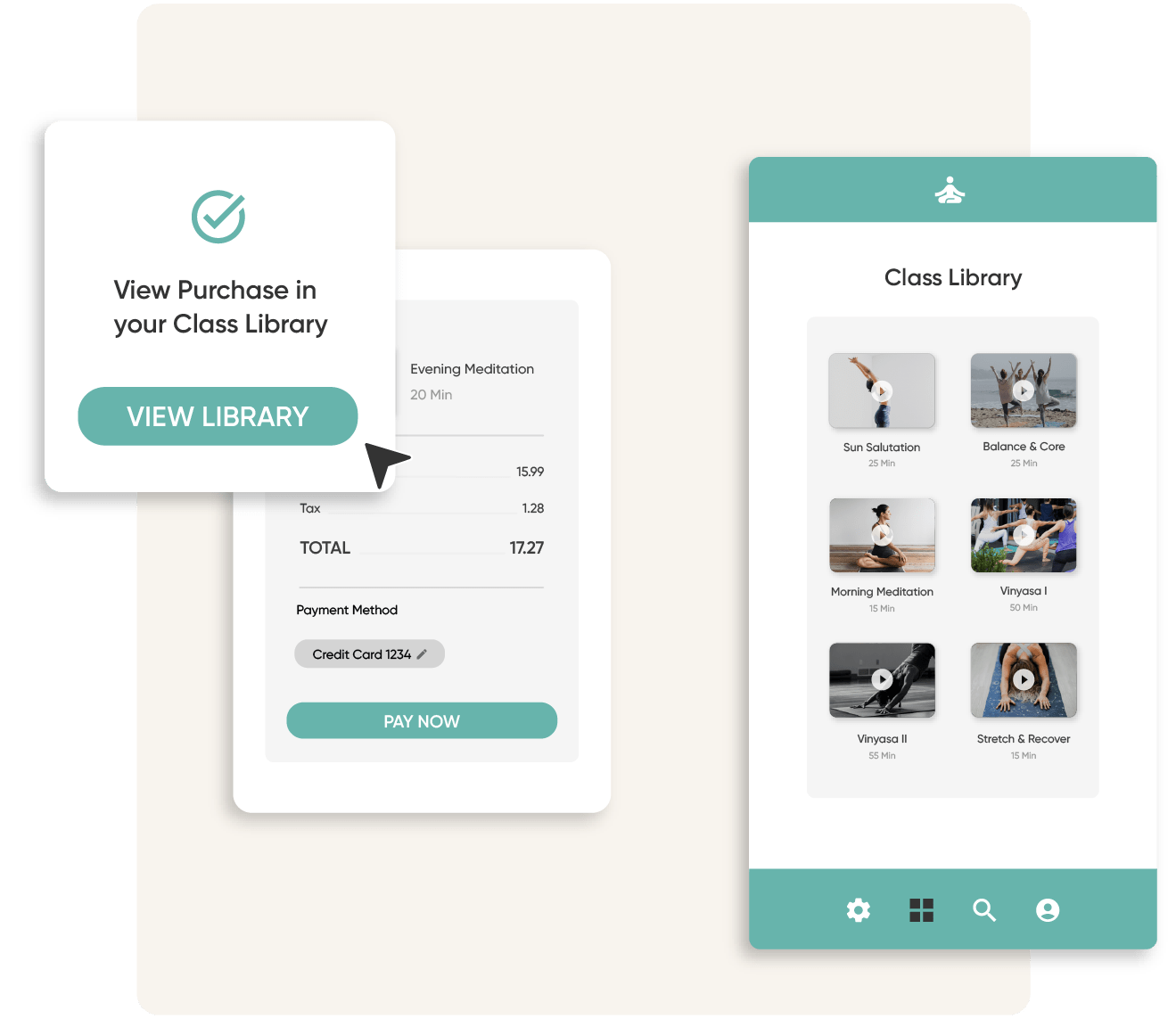 A phone screen shows a library of yoga classes. Next to the phone is a set of payment screens and a cursor purchasing a class from the library.
