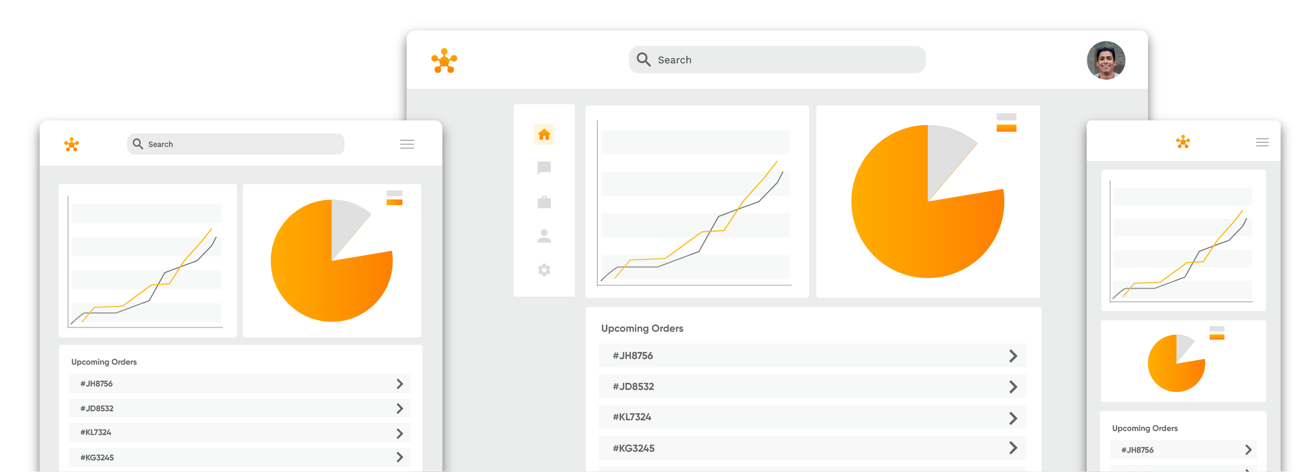 Simplified web, tablet, and phone screens showing a business dashboard. The dashboard has graphs and a list of upcoming orders.