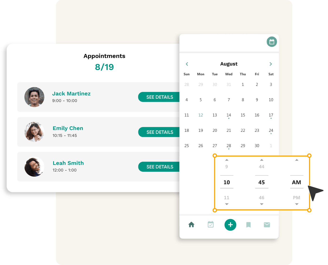 A phone screen with a calendar on it sits next to a list of appointment times. A cursor is selecting an appointment time on the phone screen.