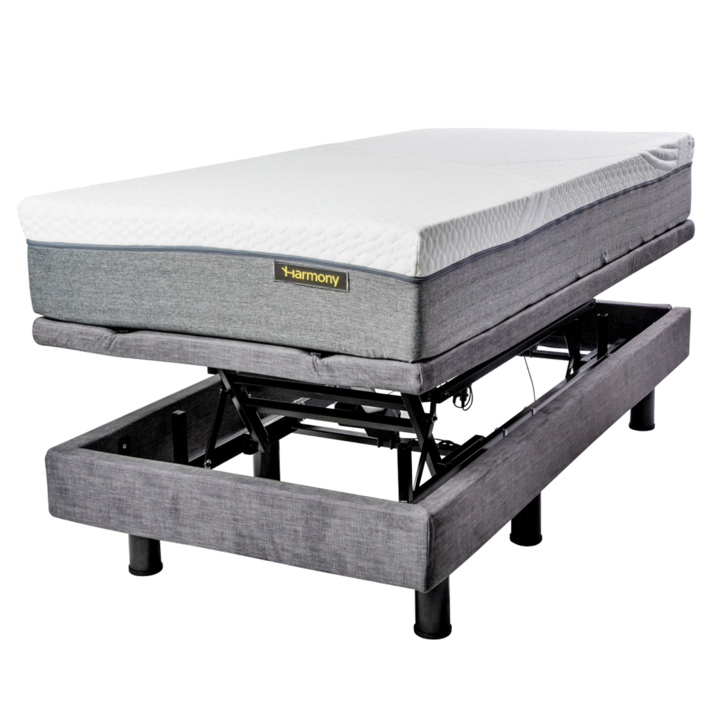 Harmony white and grey mattress on a Harmony grey adjustable bed frame