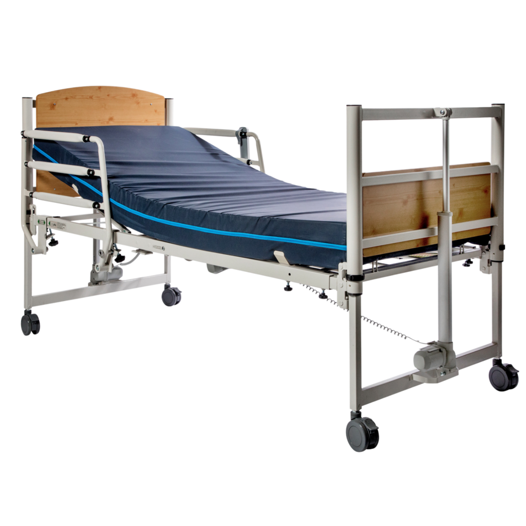 Black and blue mattress cover on a mattress on an adjustable bedframe