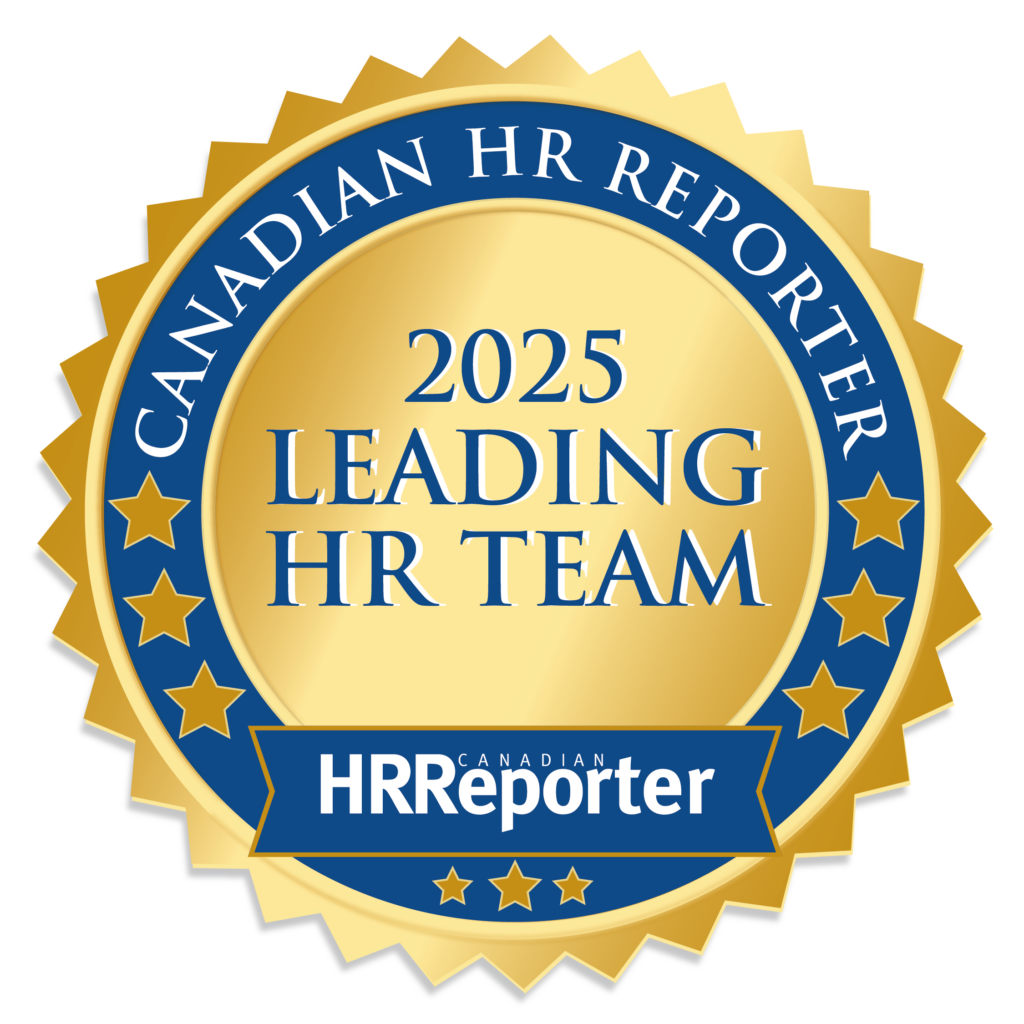 Circular medal style graphic in gold and blue with the text Canadian HR Reporter, 
 2025 Leading HR Team. Text is also surrounded by gold stars. 