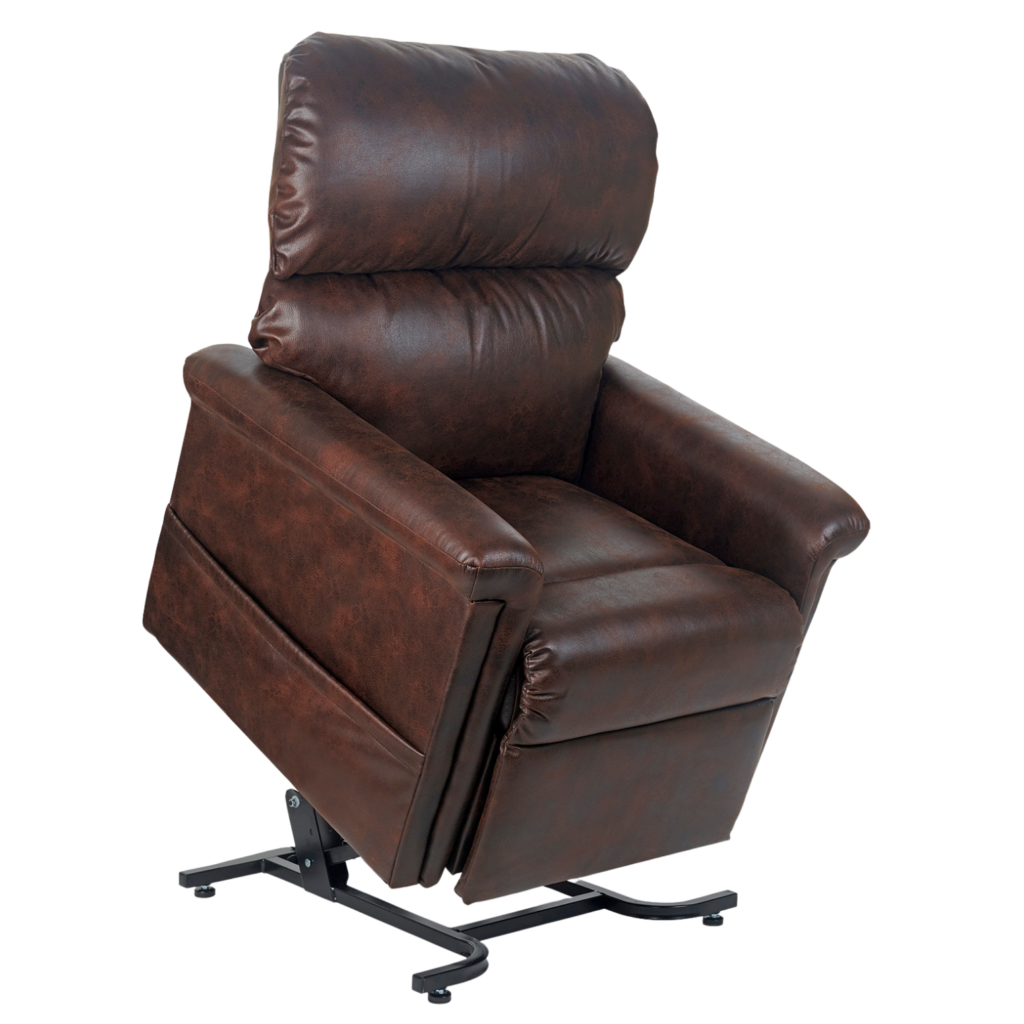 A brown leather power lift recliner (the Nipigon) by Golden Technologies