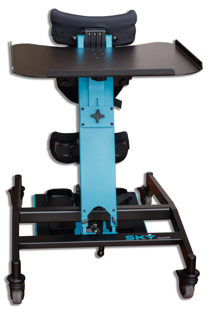 A front image of a blue Vertiflex Sky Standing Frame.