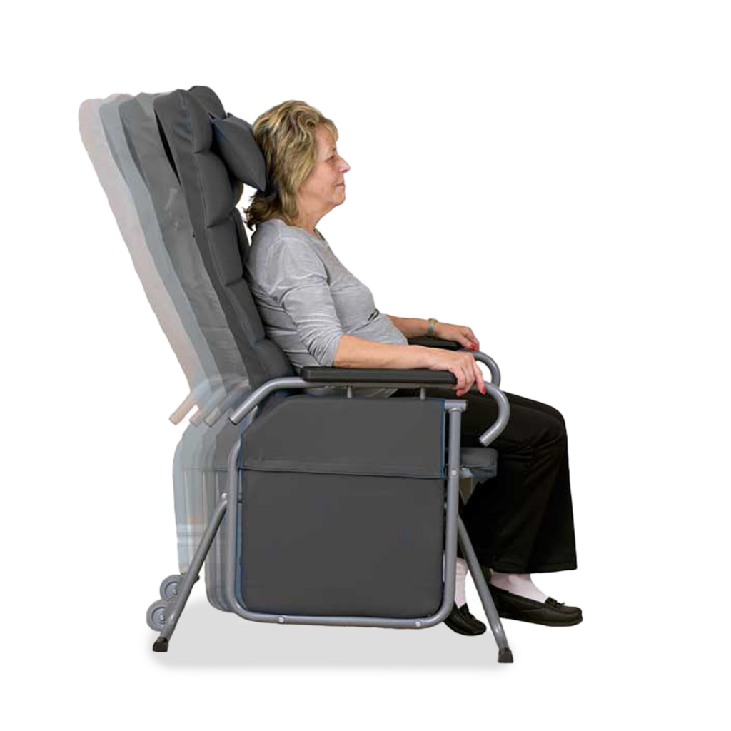 Side view of a senior woman sitting on a grey glider